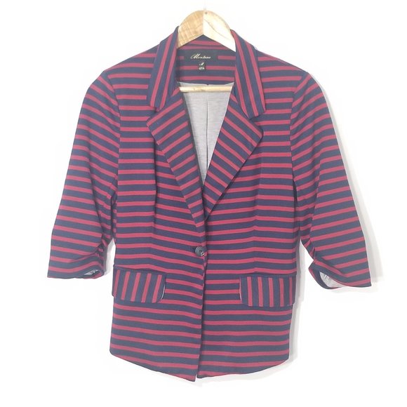 Monteau | Red Blue Nautical Striped Blazer Business Casual Jacket Size Medium - Picture 1 of 10